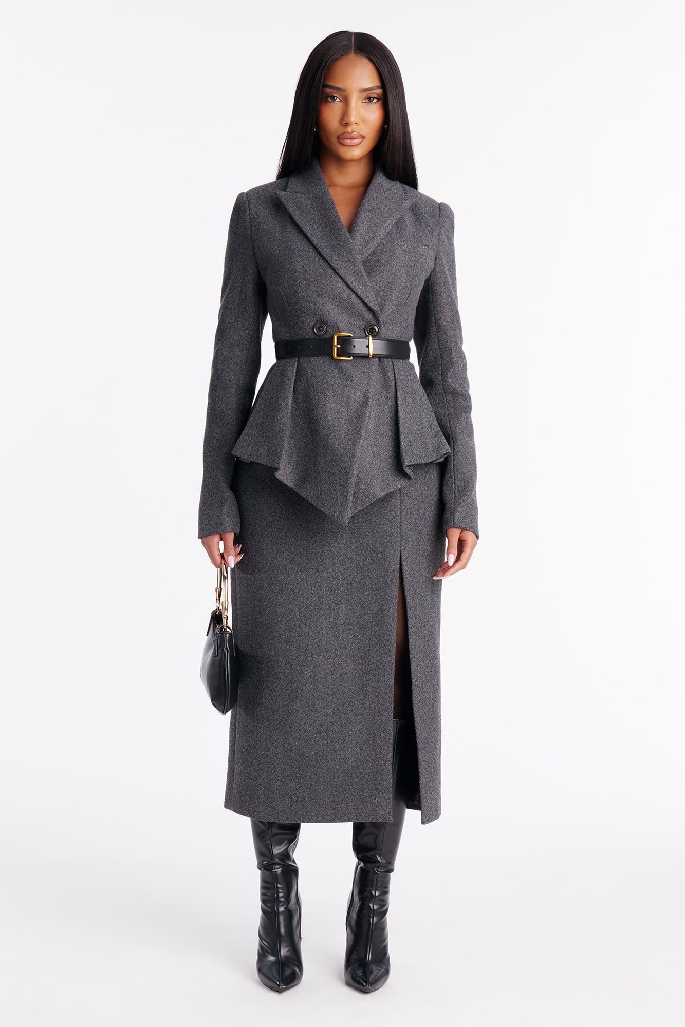 Executive Class Belted Blazer Skirt Set - Grey