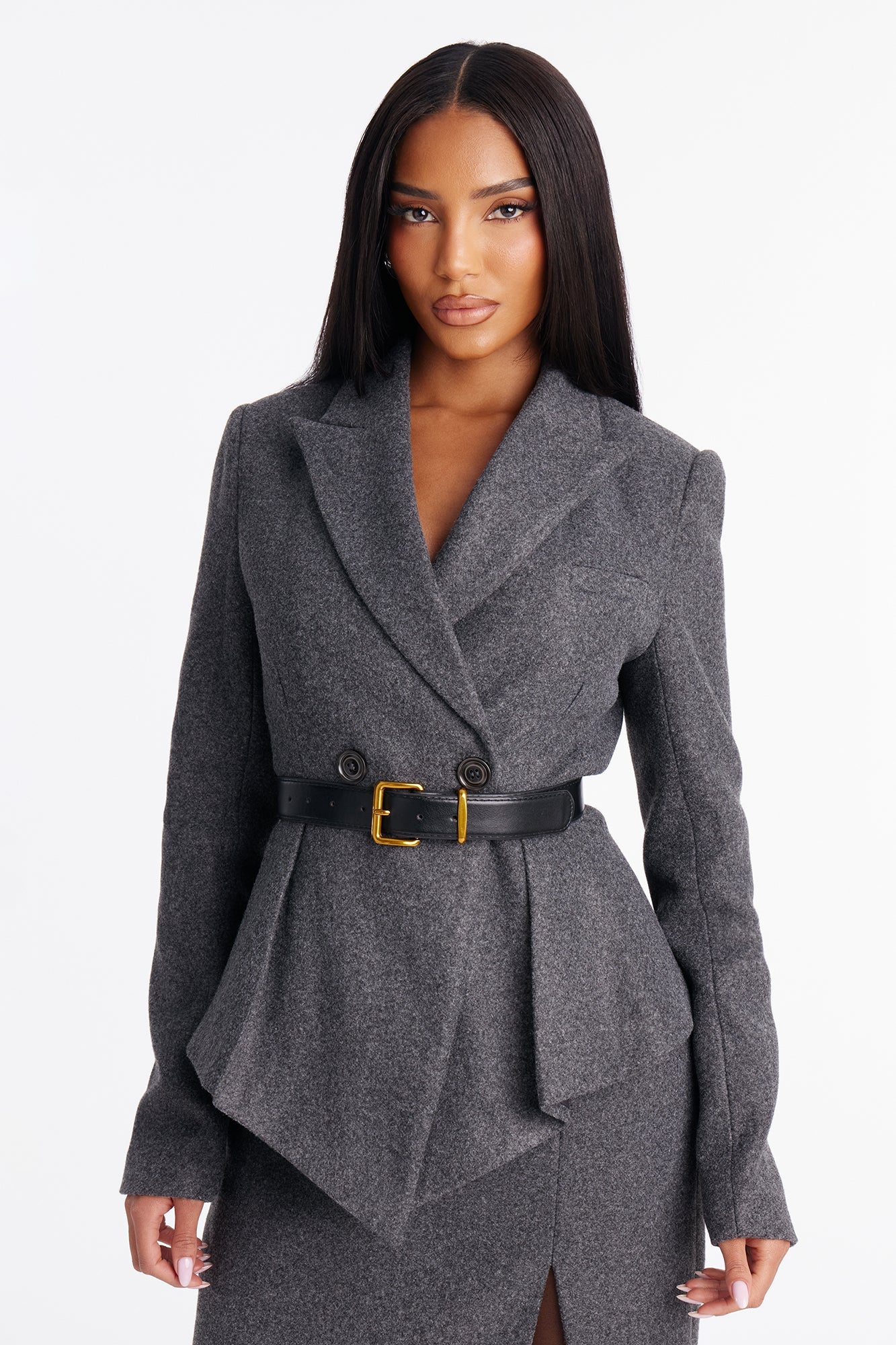 Executive Class Belted Blazer Skirt Set - Grey