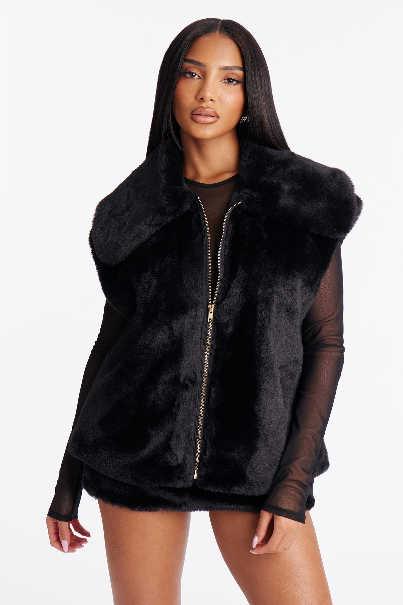All A Dream Faux Fur Vest Mini Skirt Set - Black
