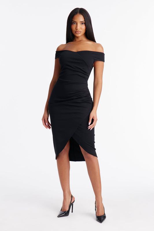 Josephine Off Shoulder Ponte Midi Dress - Black