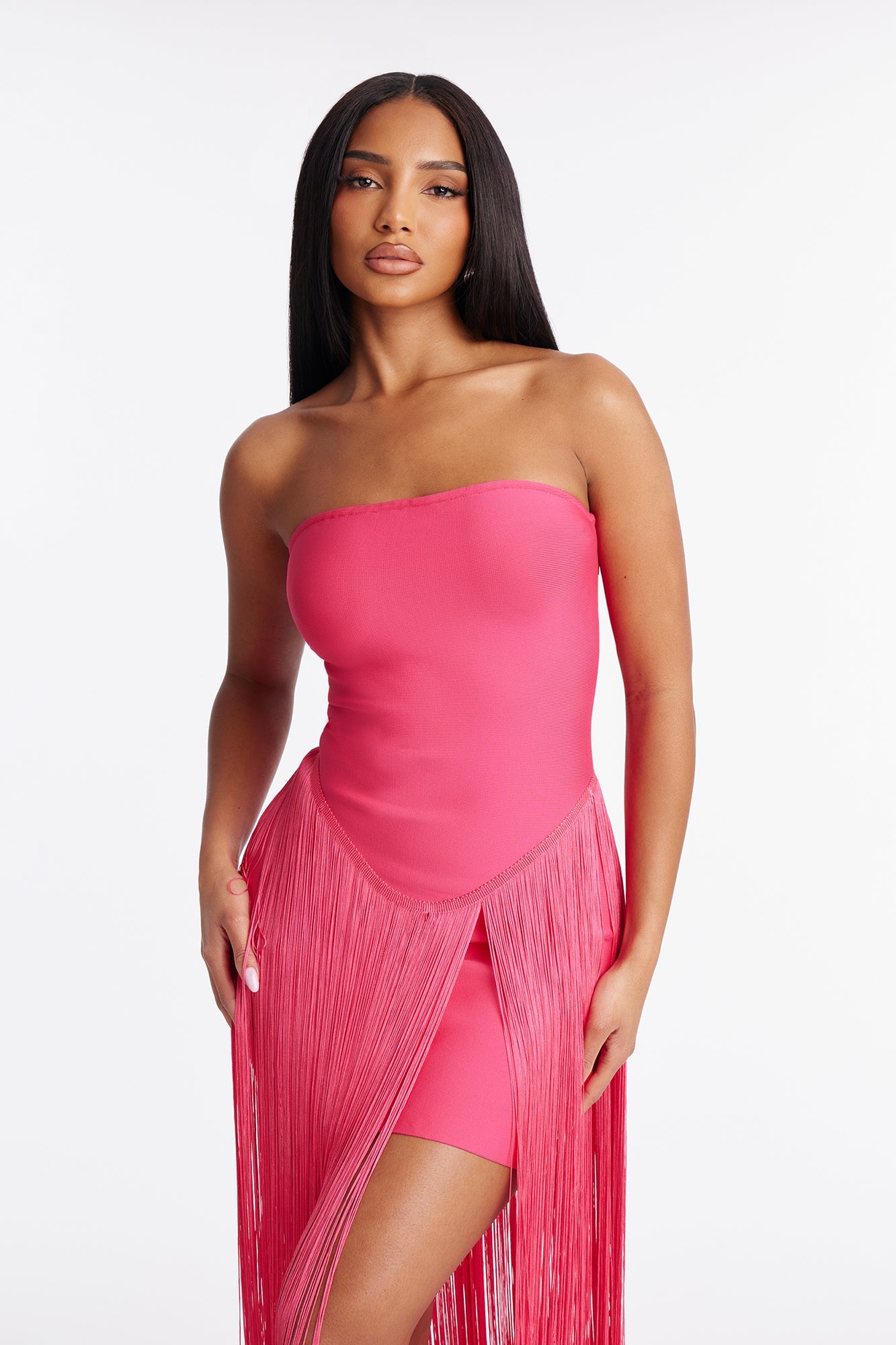 Darling Fringe Trim Bandage Mini Dress - Hot Pink