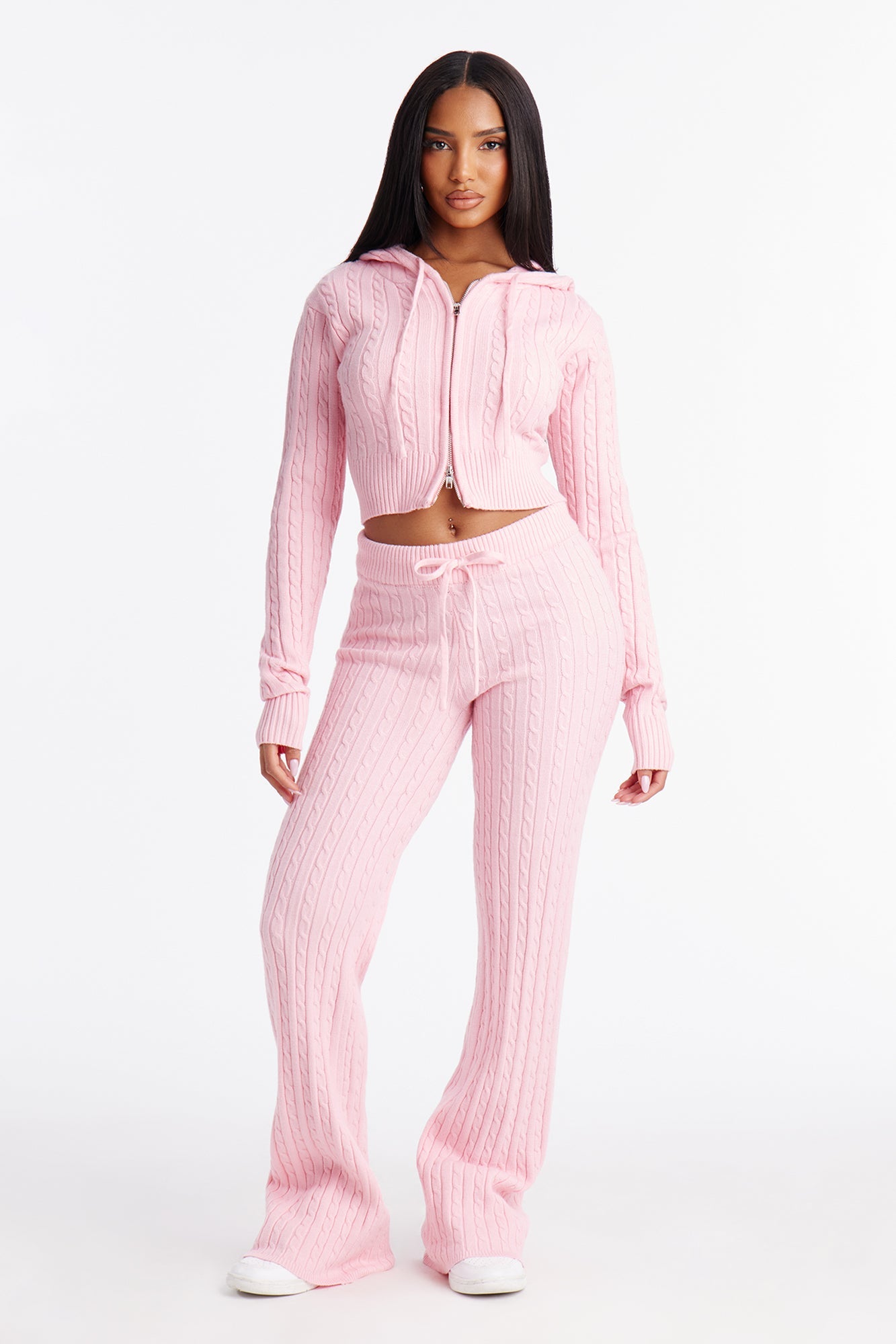 Far Away Zip Up Sweater Pant Set - Light Pink