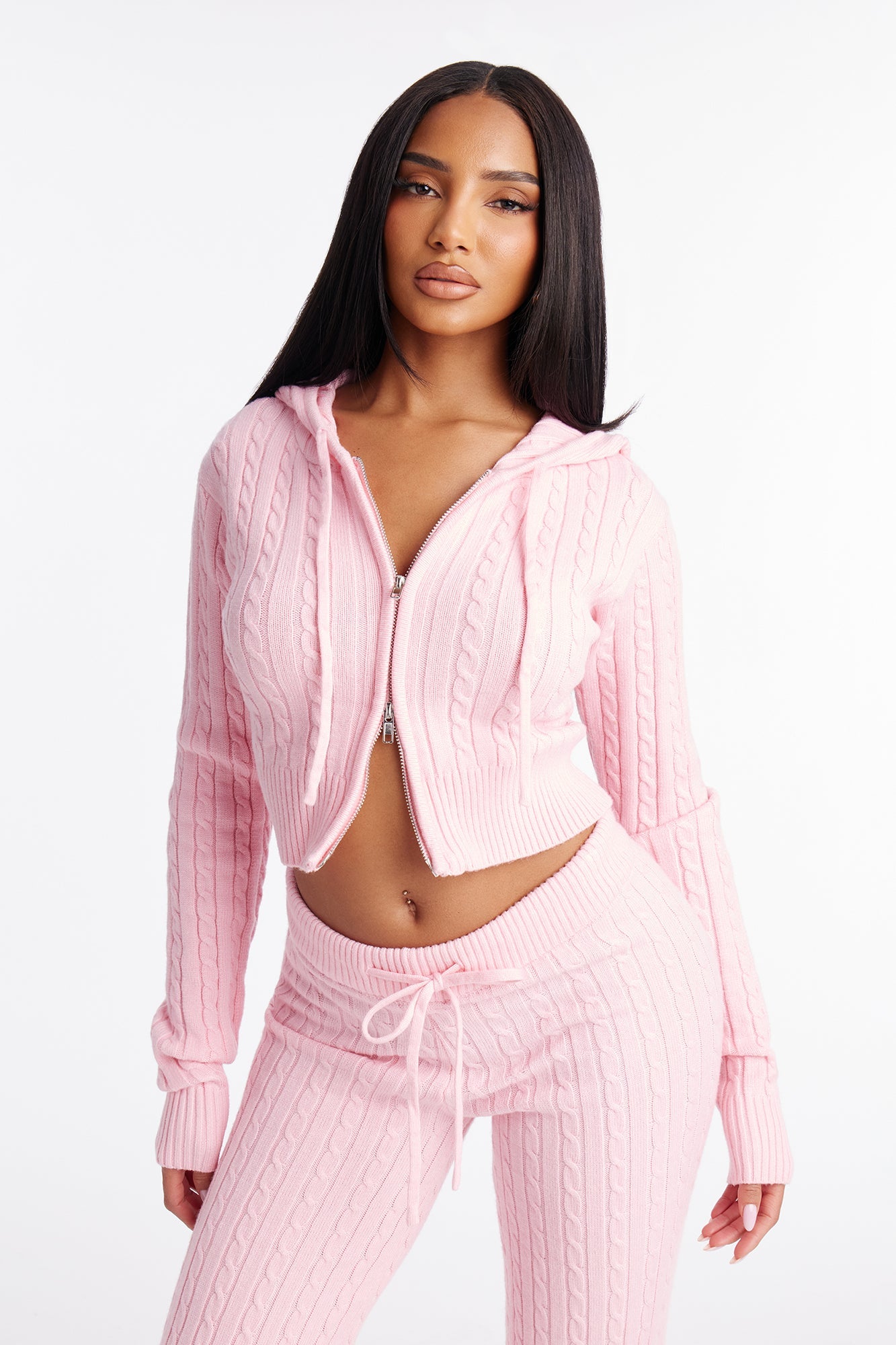 Far Away Zip Up Sweater Pant Set - Light Pink
