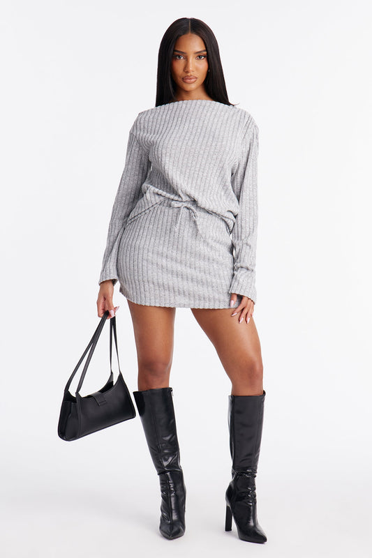 Claire Off Shoulder Sweater Mini Skirt Set - Grey