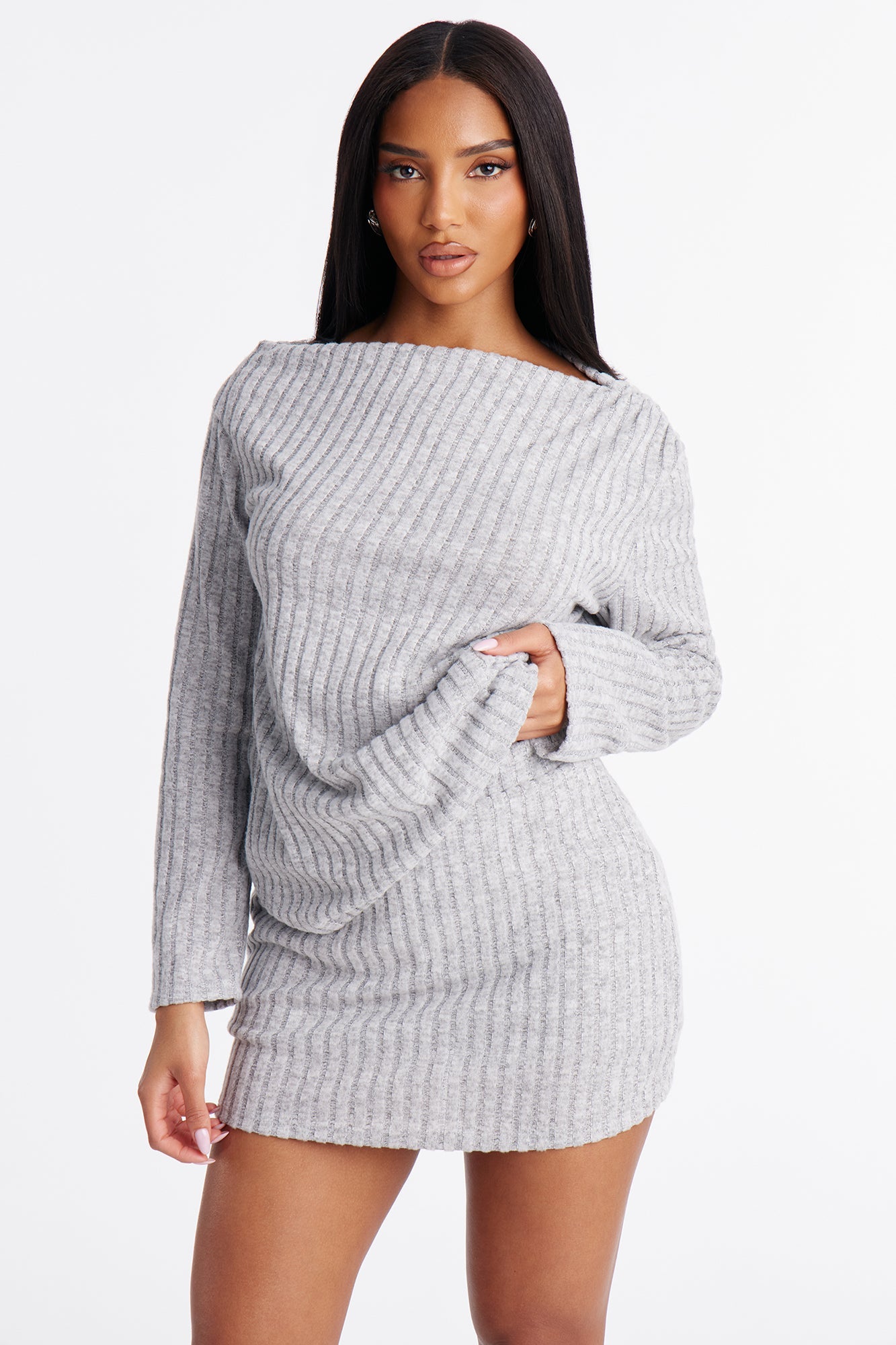 Claire Off Shoulder Sweater Mini Skirt Set - Grey