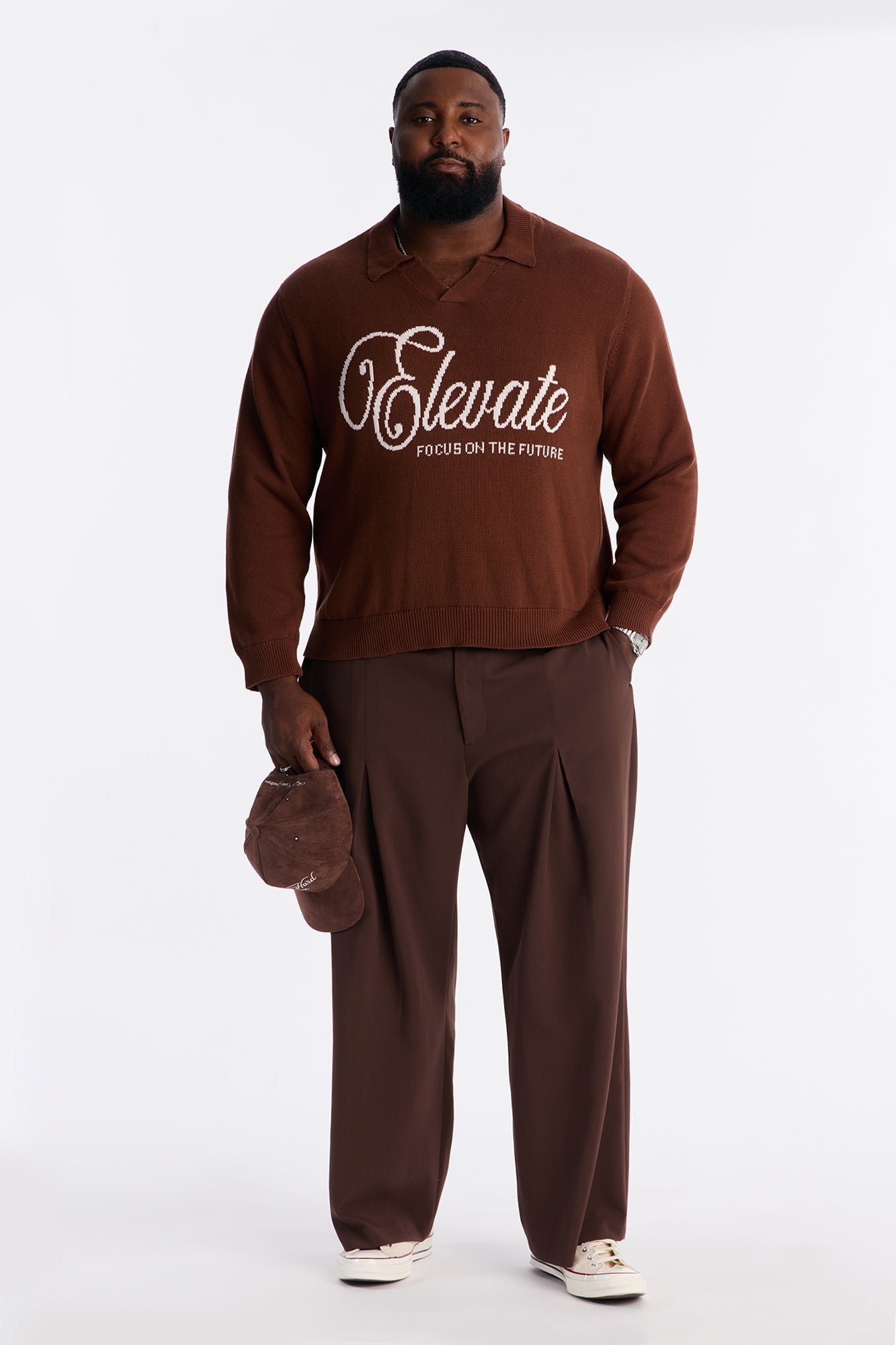 Relaxed And Beyond Johnny Collar Sweater - Brown Combo