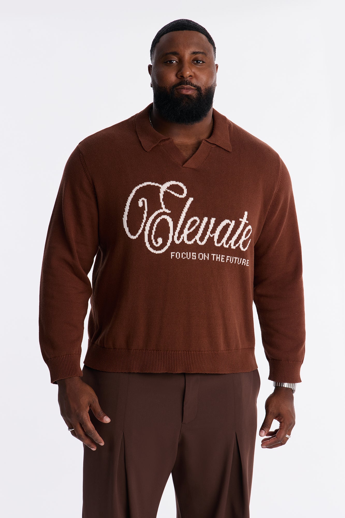 Relaxed And Beyond Johnny Collar Sweater - Brown Combo