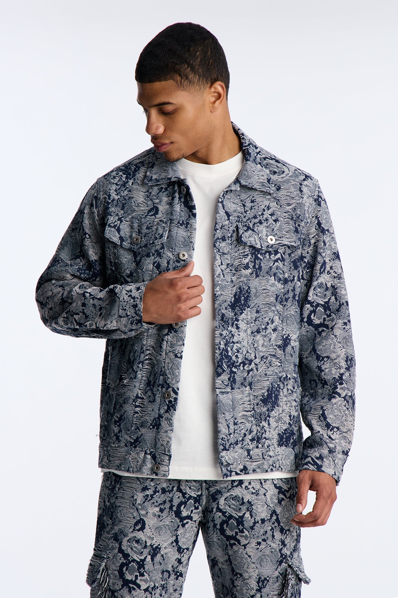 Give My Flowers Tapestry Trucker Jacket - Navy