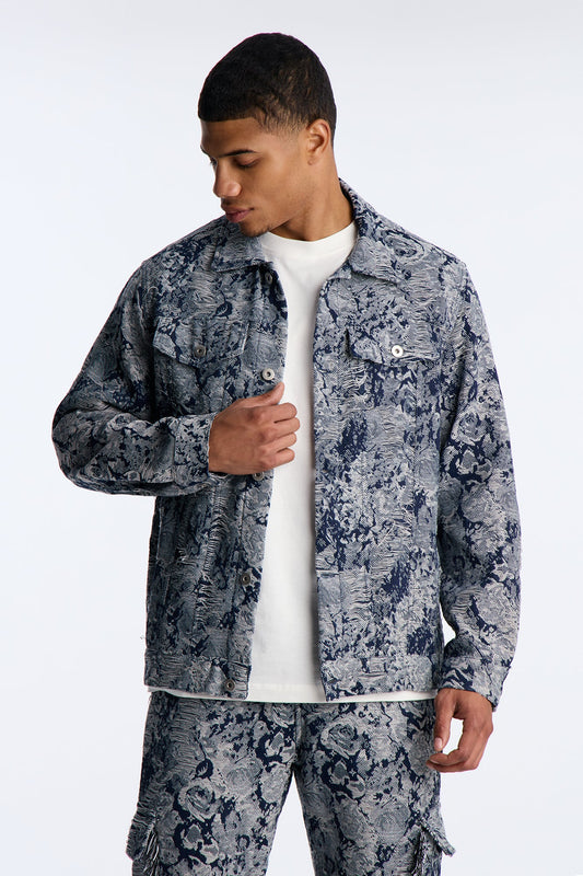 Give My Flowers Tapestry Trucker Jacket - Navy