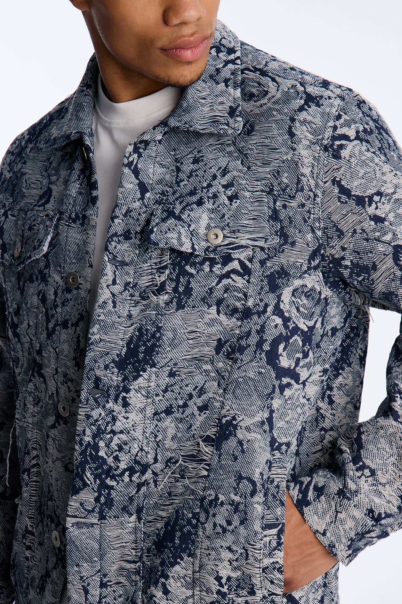 Give My Flowers Tapestry Trucker Jacket - Navy