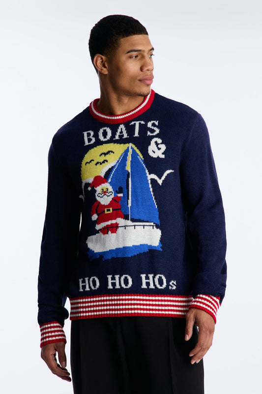 Santa On A Boat Ho-Ho-Ho Sweater - Navy/combo