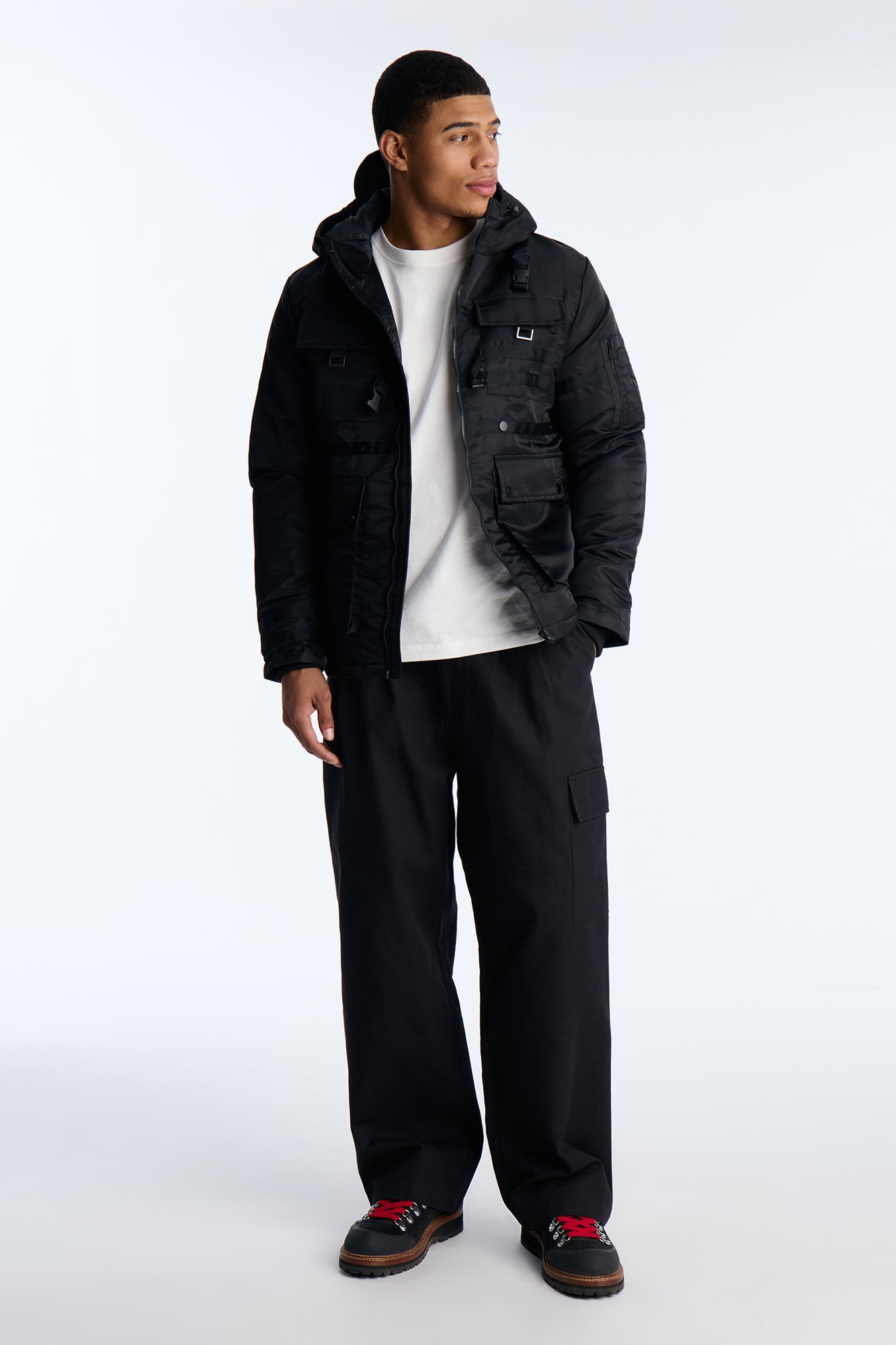 Hooded Chaos Utility Bomber Jacket - Black