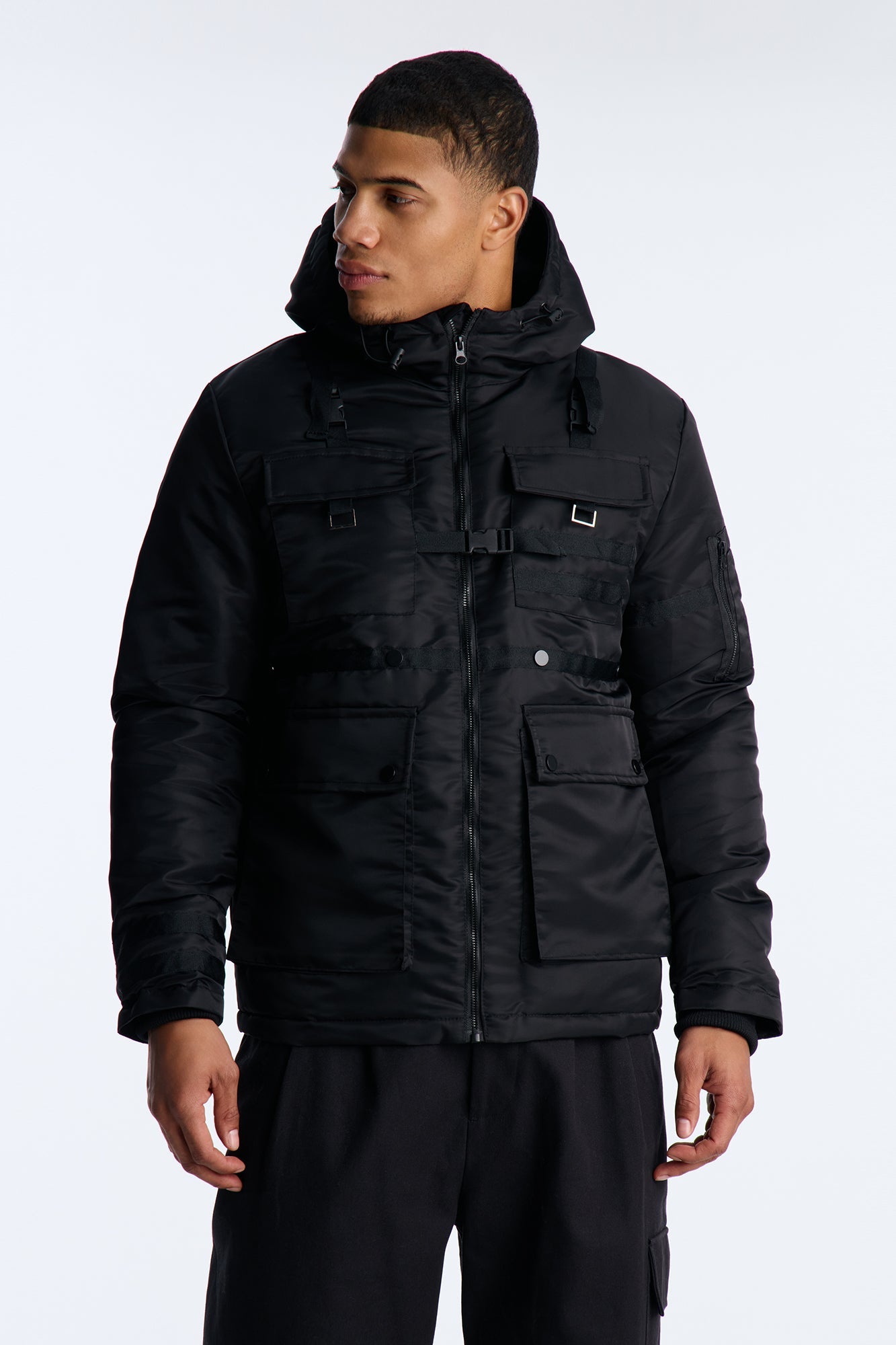 Hooded Chaos Utility Bomber Jacket - Black