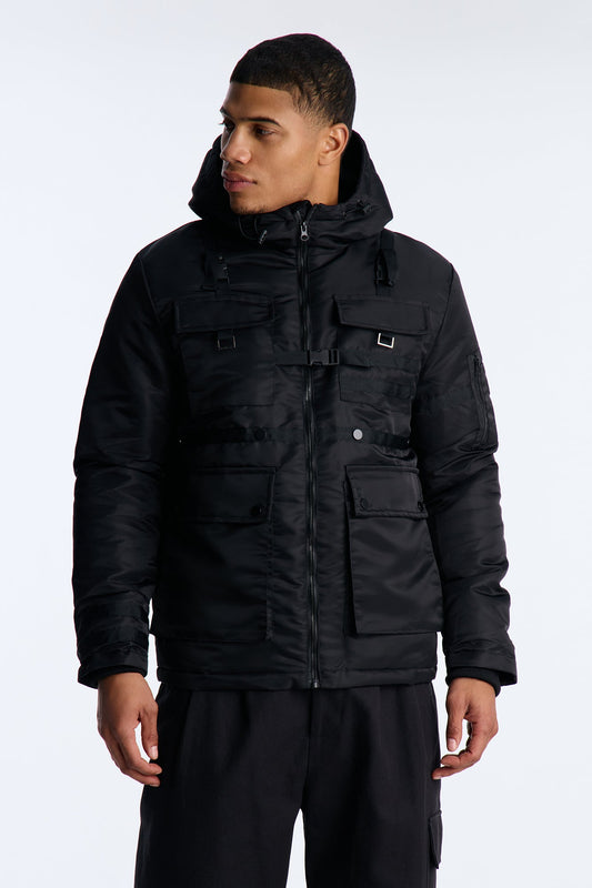 Hooded Chaos Utility Bomber Jacket - Black