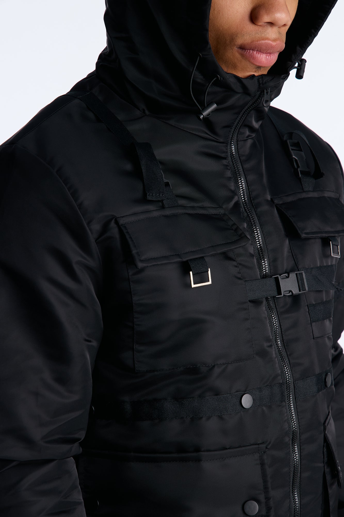 Hooded Chaos Utility Bomber Jacket - Black