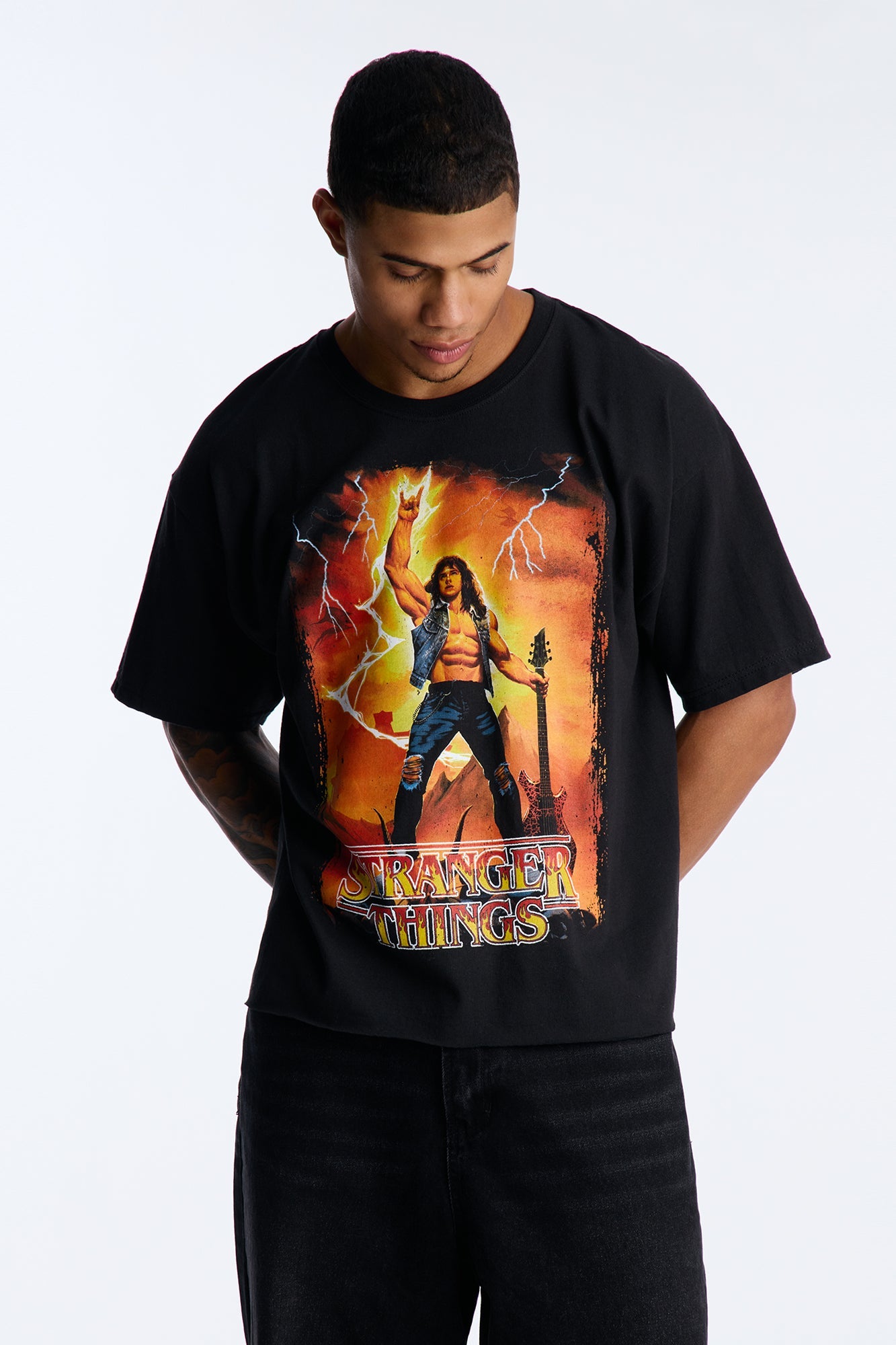 Stranger Things Heavy Metal Oversized Short Sleeve Tee - Black