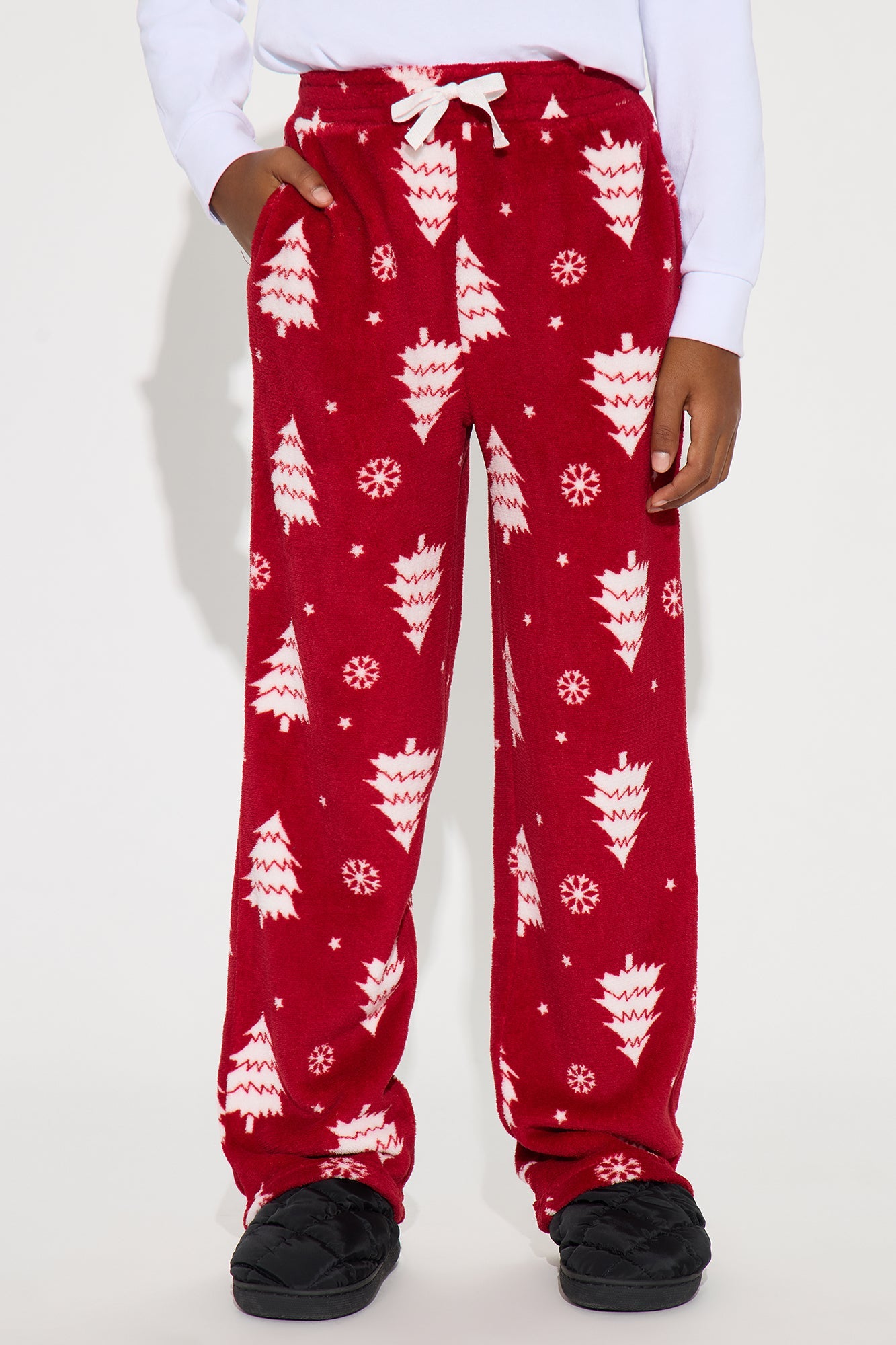 Mini Snow Covered Trees Matching Family Plush Pants - Red/White