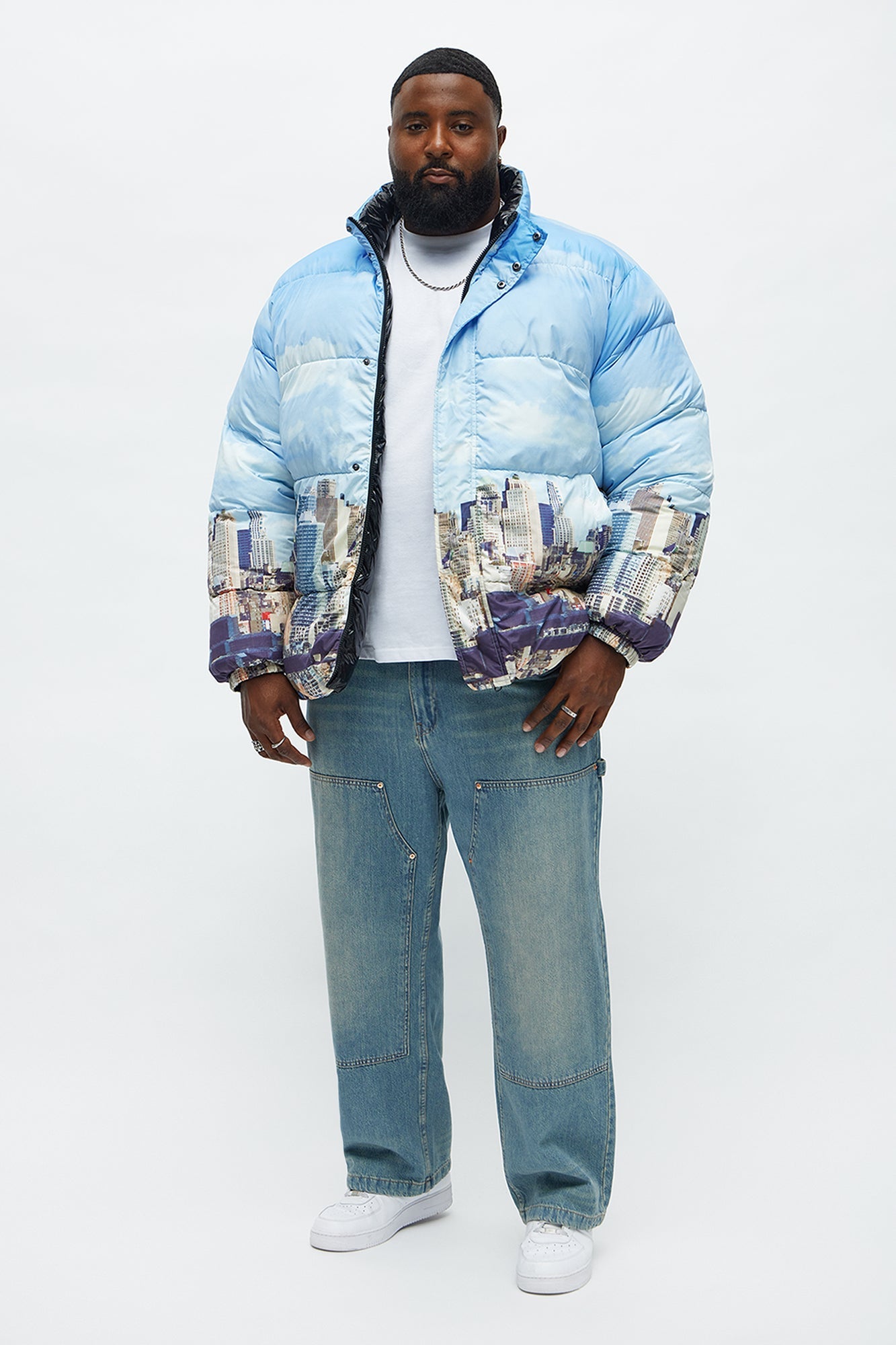 Oversized Reversible Hooded Concrete Jungle Puffer Jacket - Blue