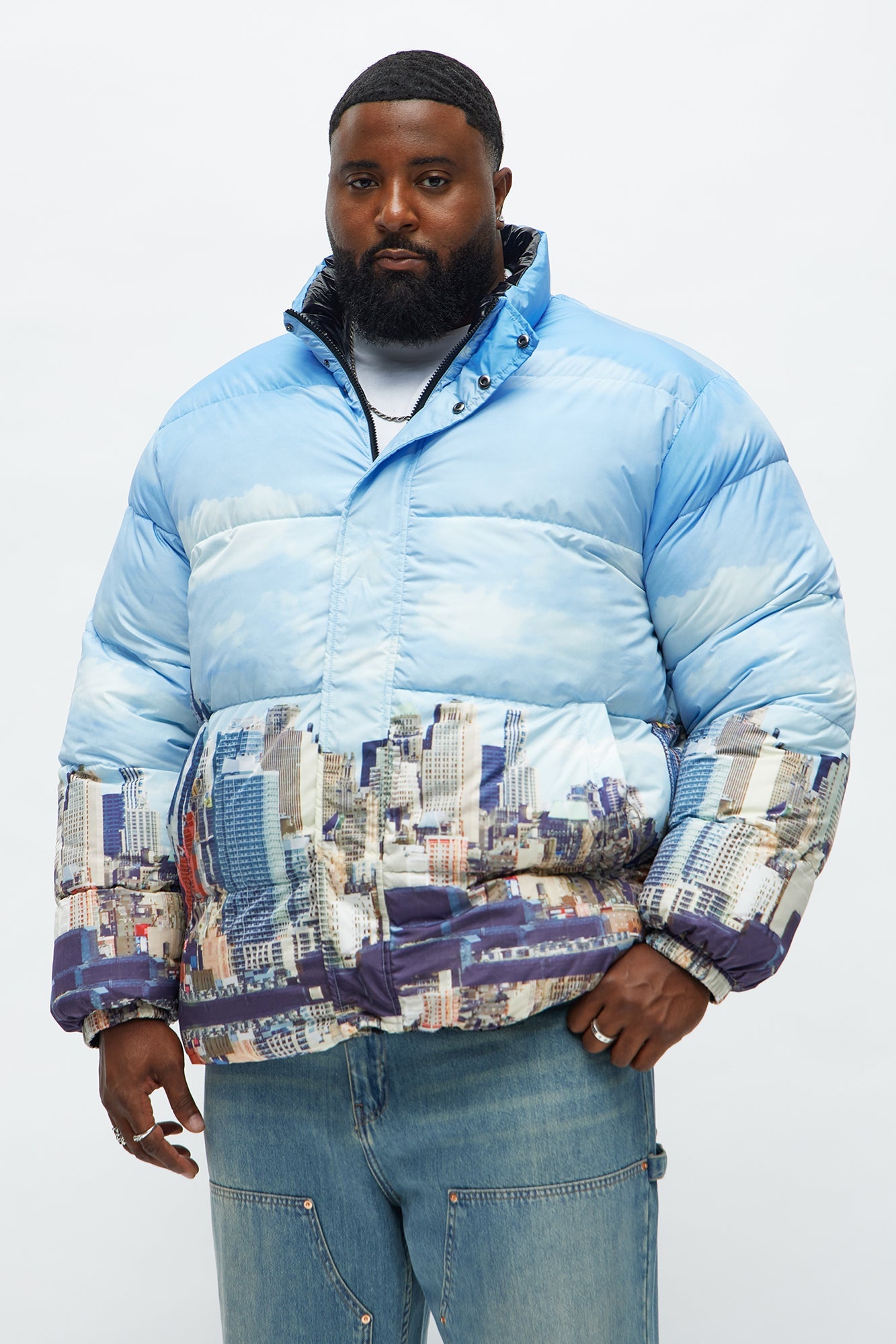 Oversized Reversible Hooded Concrete Jungle Puffer Jacket - Blue