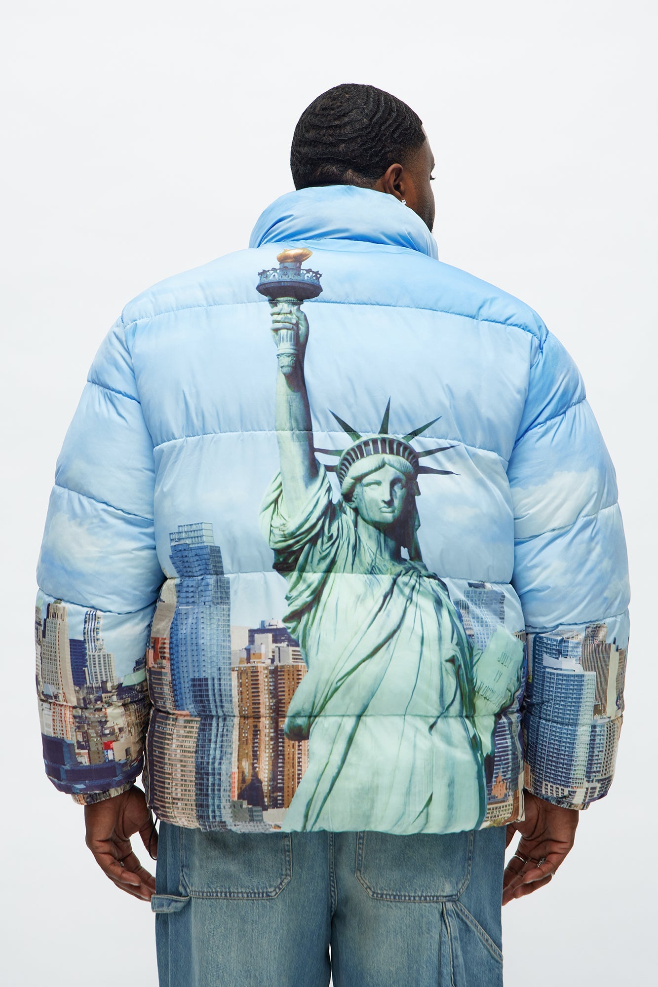 Oversized Reversible Hooded Concrete Jungle Puffer Jacket - Blue