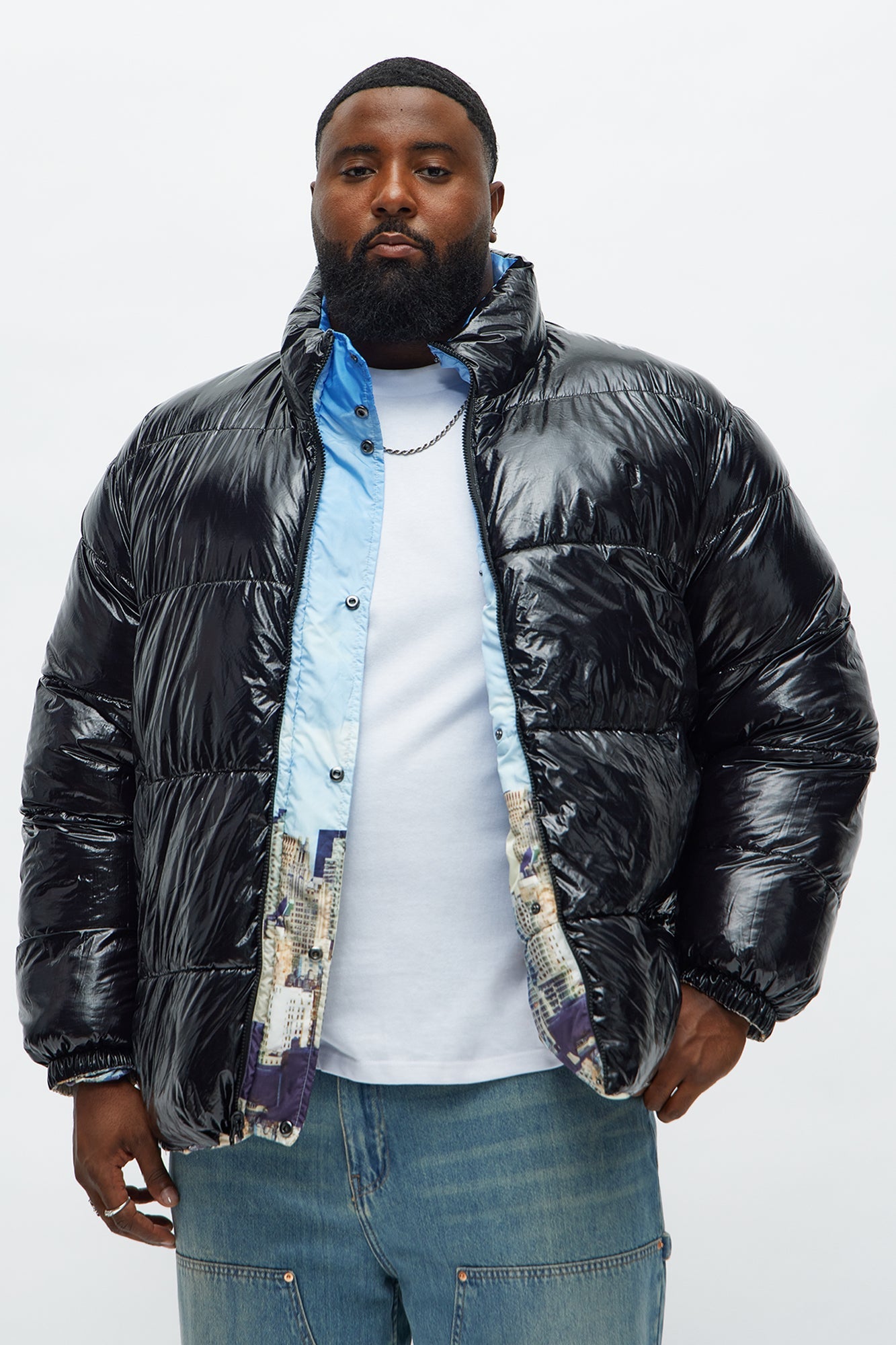 Oversized Reversible Hooded Concrete Jungle Puffer Jacket - Blue