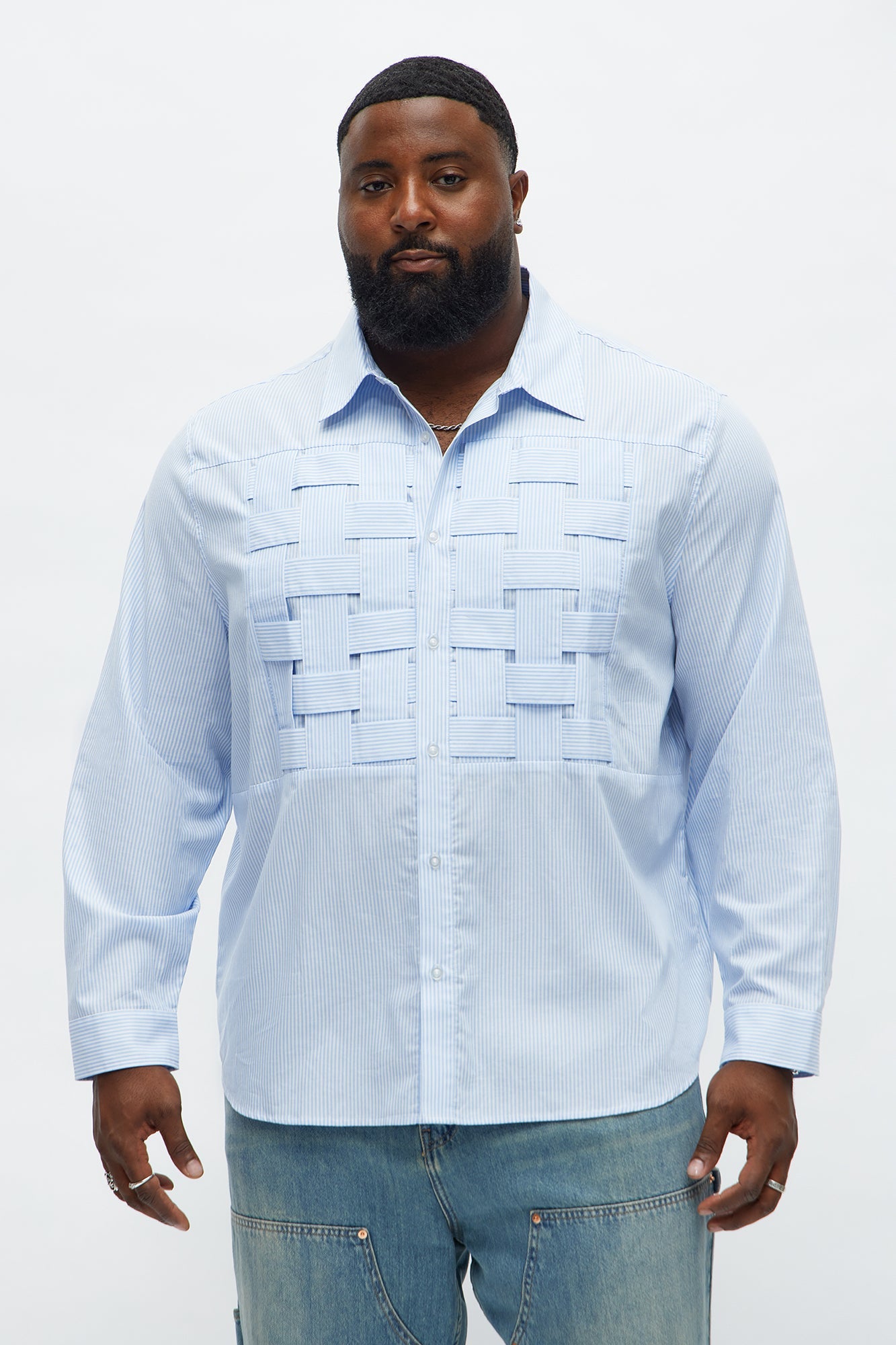 Relaxed Trenzado Striped Button Up Shirt - Light Blue