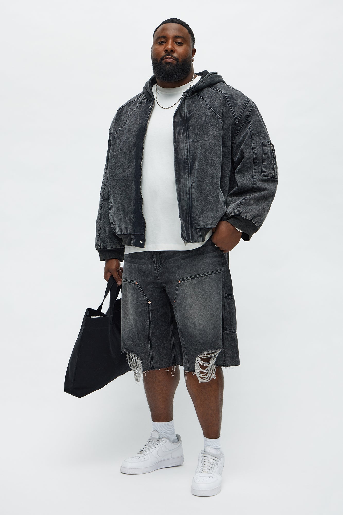 Baggy Knee Blow Out Distressed Carpenter Denim Short - Black Wash