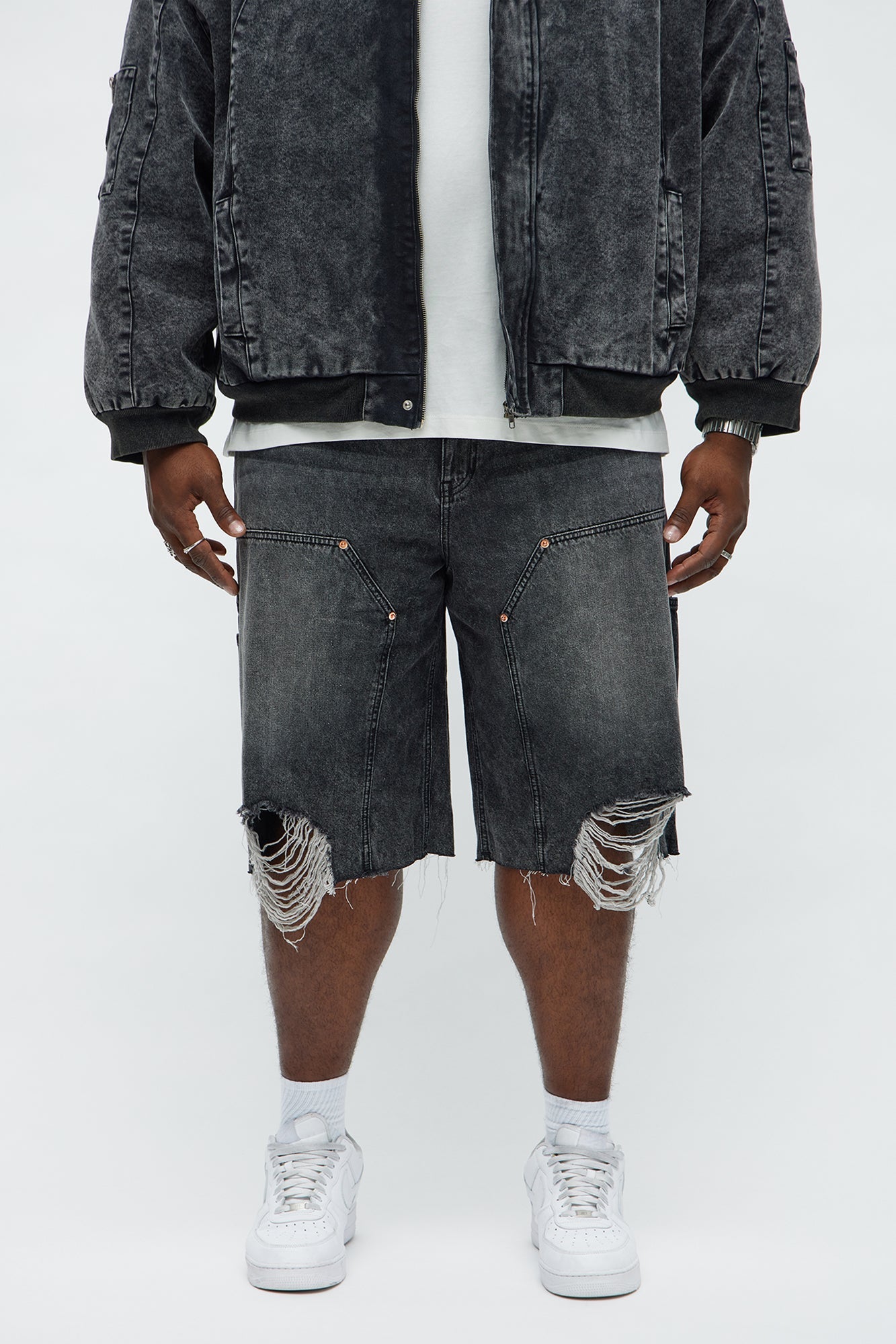 Baggy Knee Blow Out Distressed Carpenter Denim Short - Black Wash