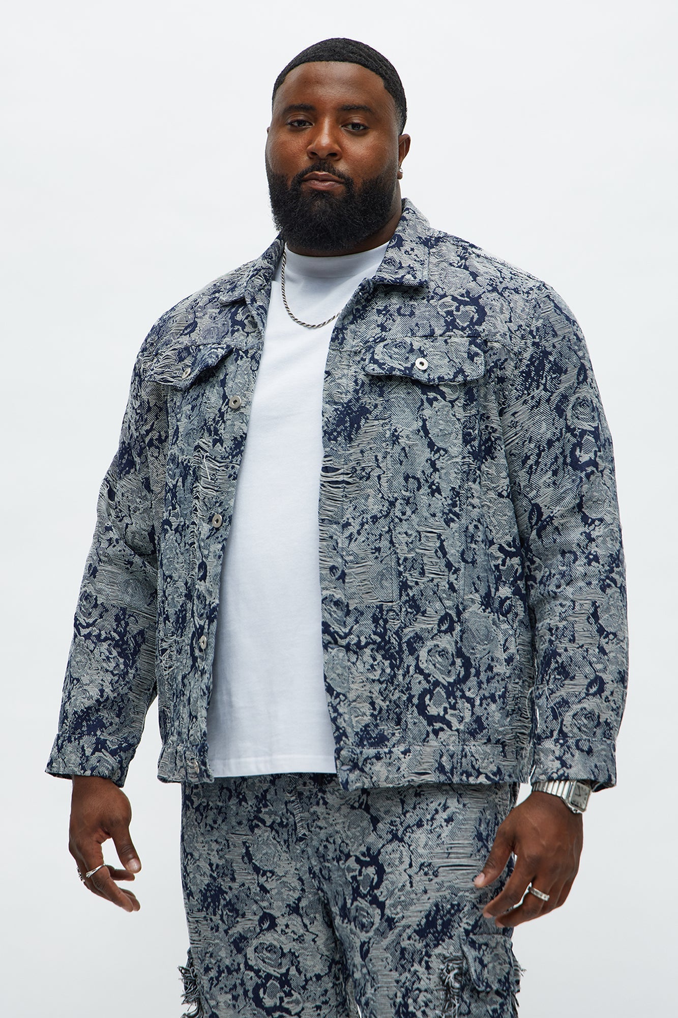 Give My Flowers Tapestry Trucker Jacket - Navy