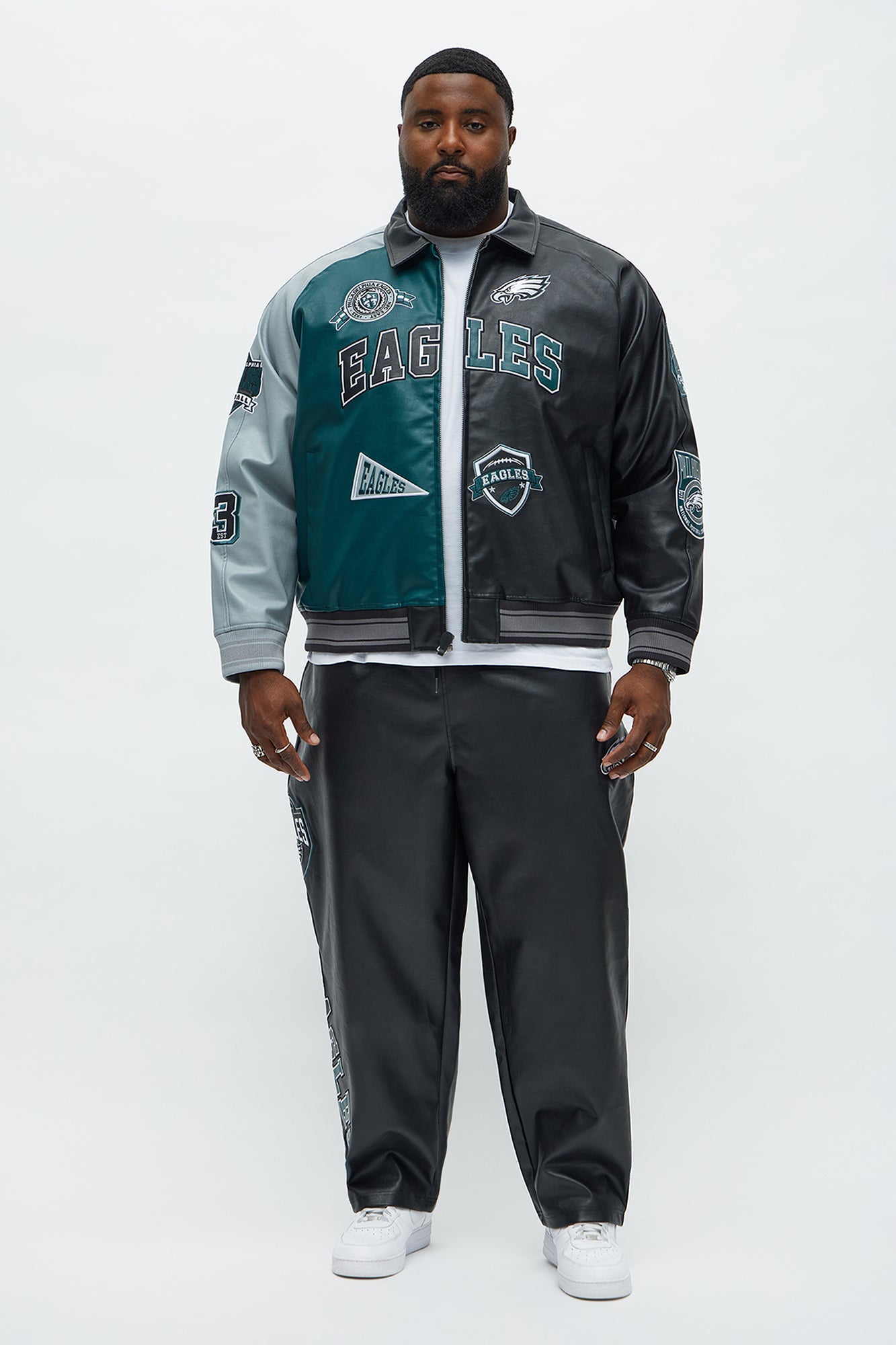 Eagles Marquee Star Faux Patent Leather Long Sleeve Varsity Jacket - Green