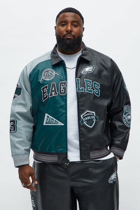 Eagles Marquee Star Faux Patent Leather Long Sleeve Varsity Jacket - Green