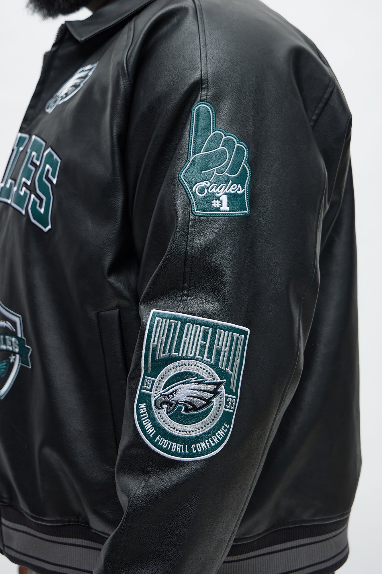 Eagles Marquee Star Faux Patent Leather Long Sleeve Varsity Jacket - Green