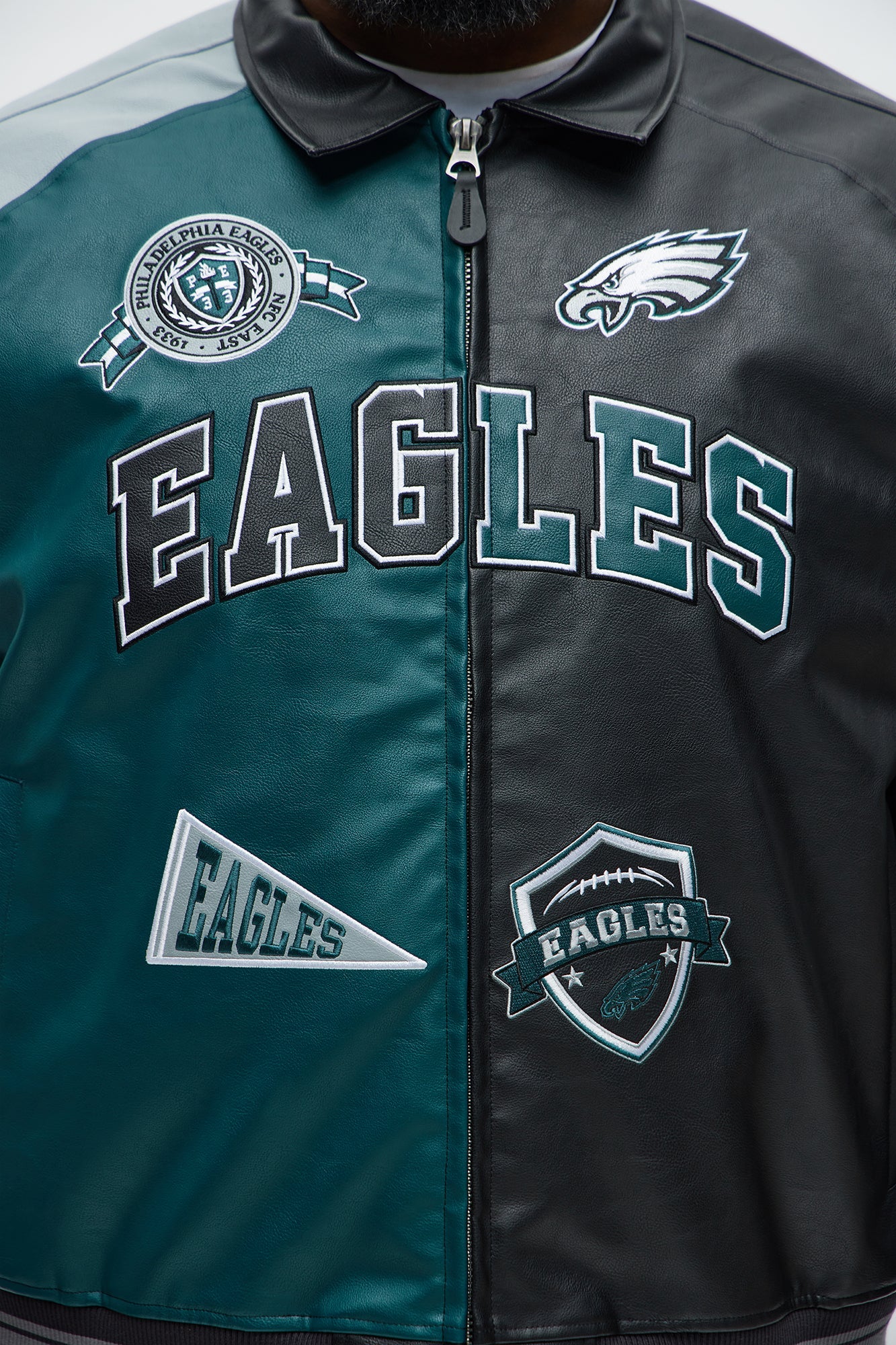 Eagles Marquee Star Faux Patent Leather Long Sleeve Varsity Jacket - Green