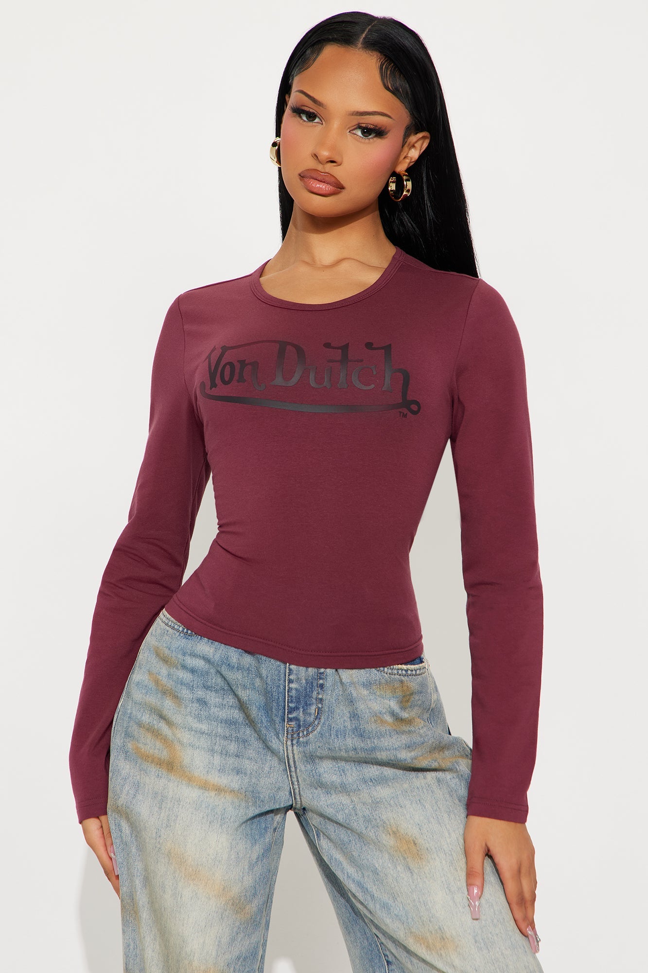 Von Dutch Crew Neck Baby Tee - Burgundy