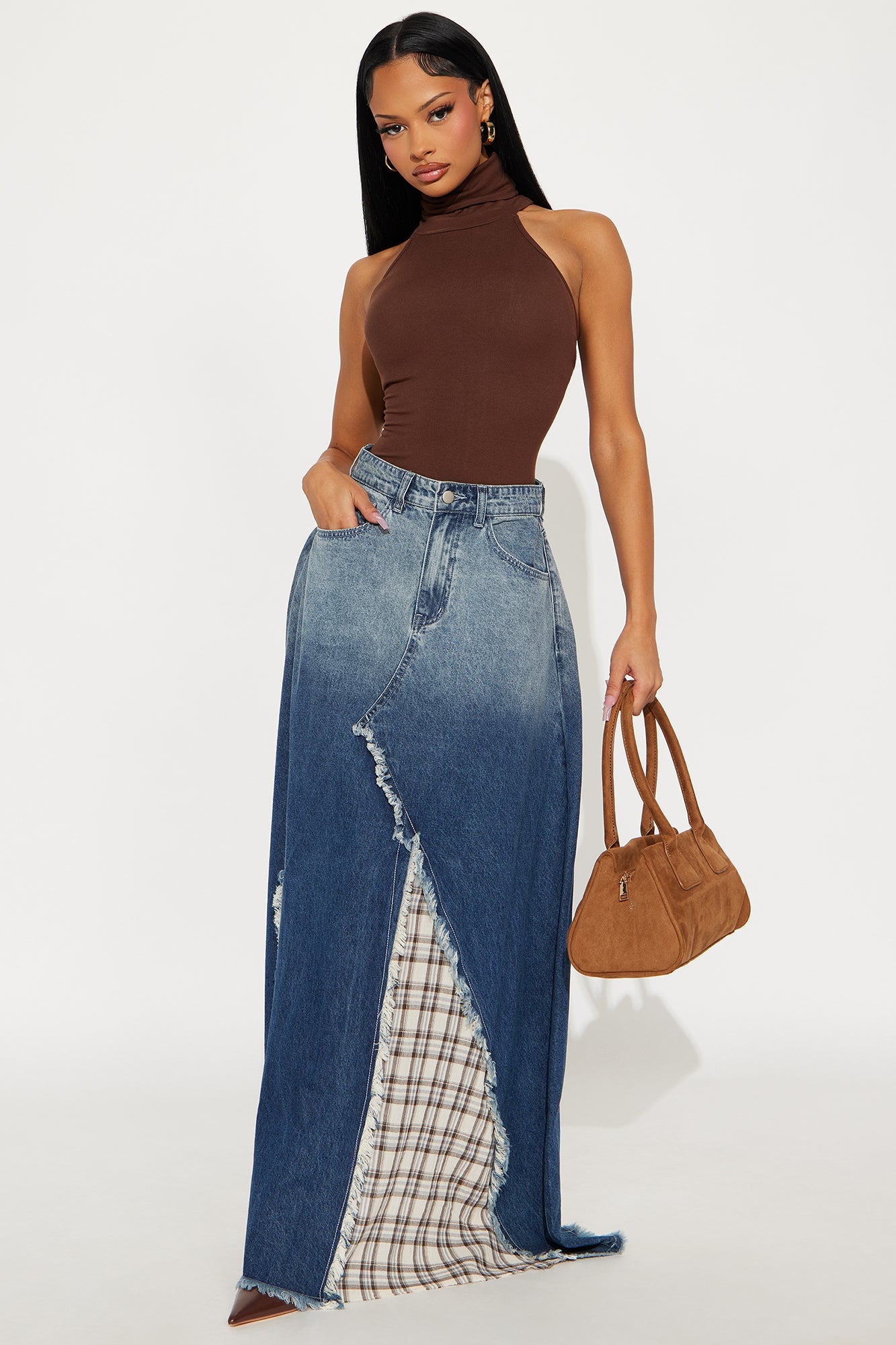 Piece Of Work Plaid Patchwork Denim Maxi Skirt - Blue/combo