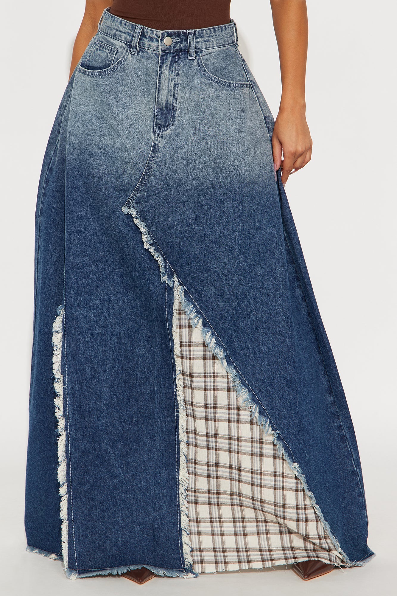 Piece Of Work Plaid Patchwork Denim Maxi Skirt - Blue/combo