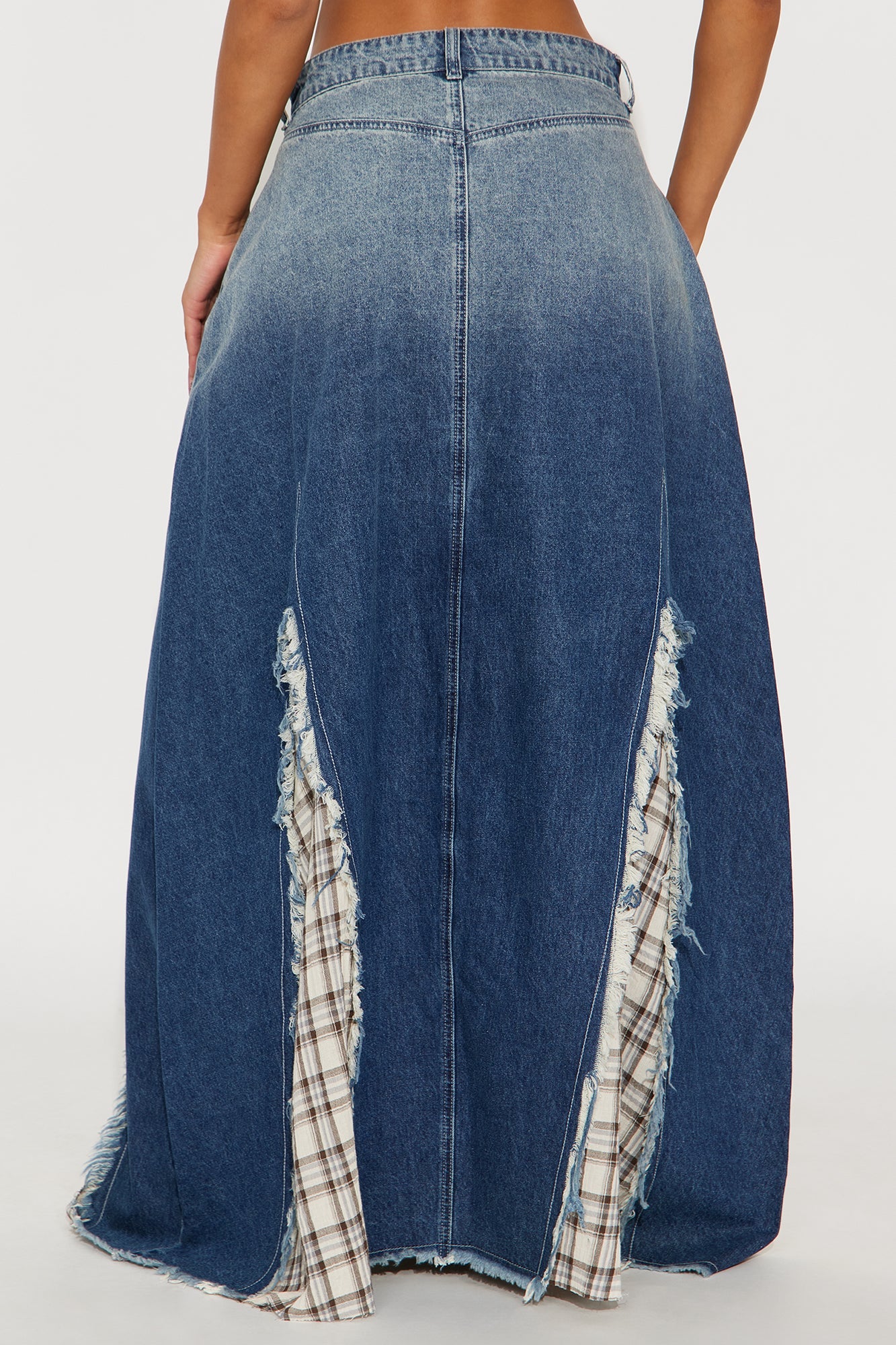 Piece Of Work Plaid Patchwork Denim Maxi Skirt - Blue/combo
