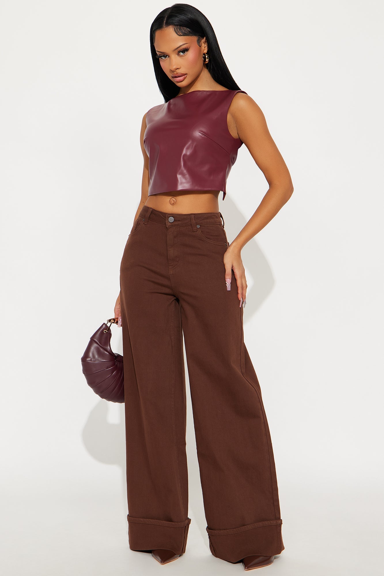 Down The Road Cuffed Wide Leg Jeans - Brown