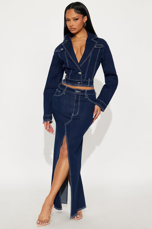 Midnight Mood Denim Trench Mini Skirt Set - Dark Wash