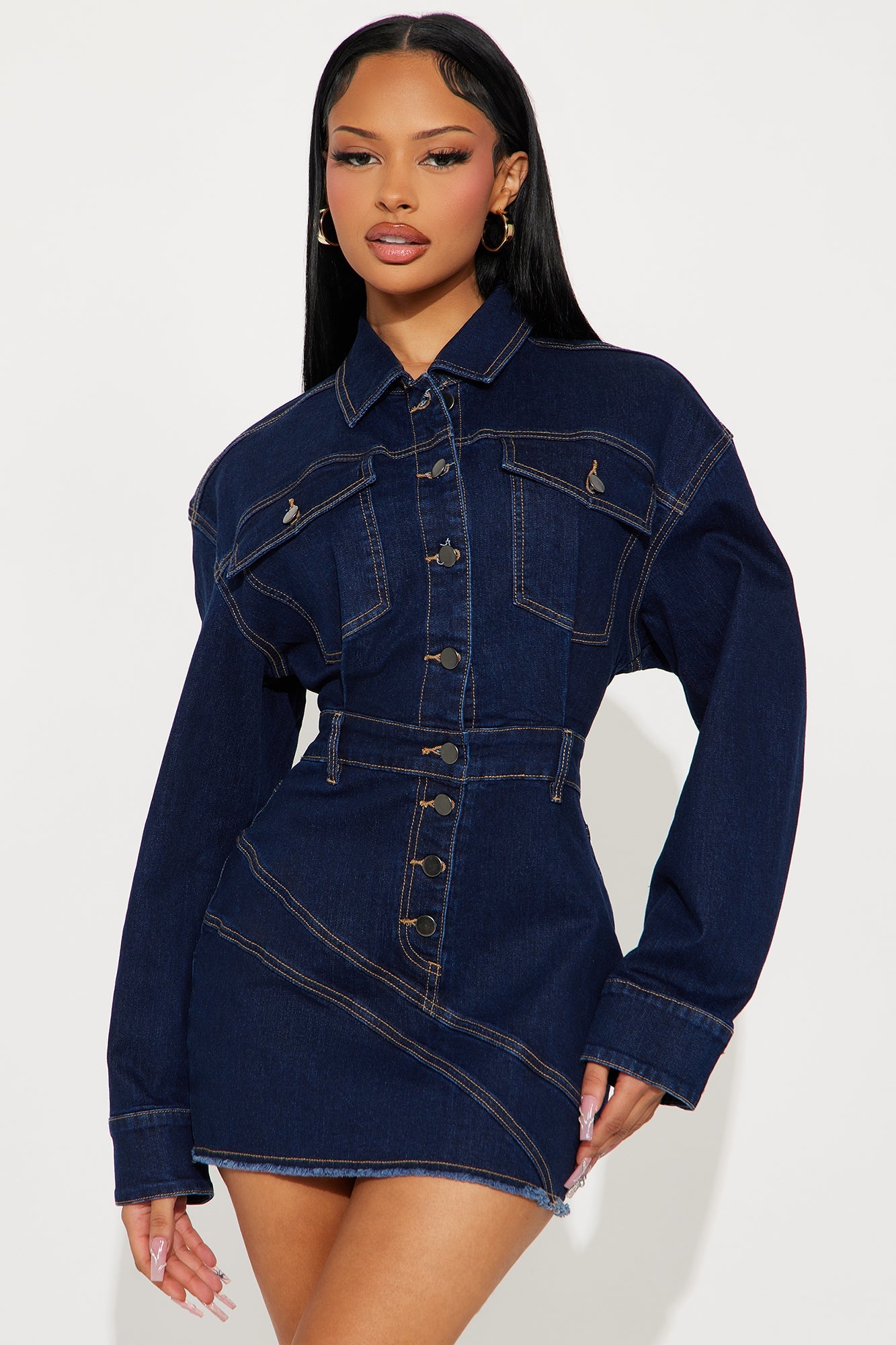 Jada Button Up Dark Denim Mini Dress - Dark Denim