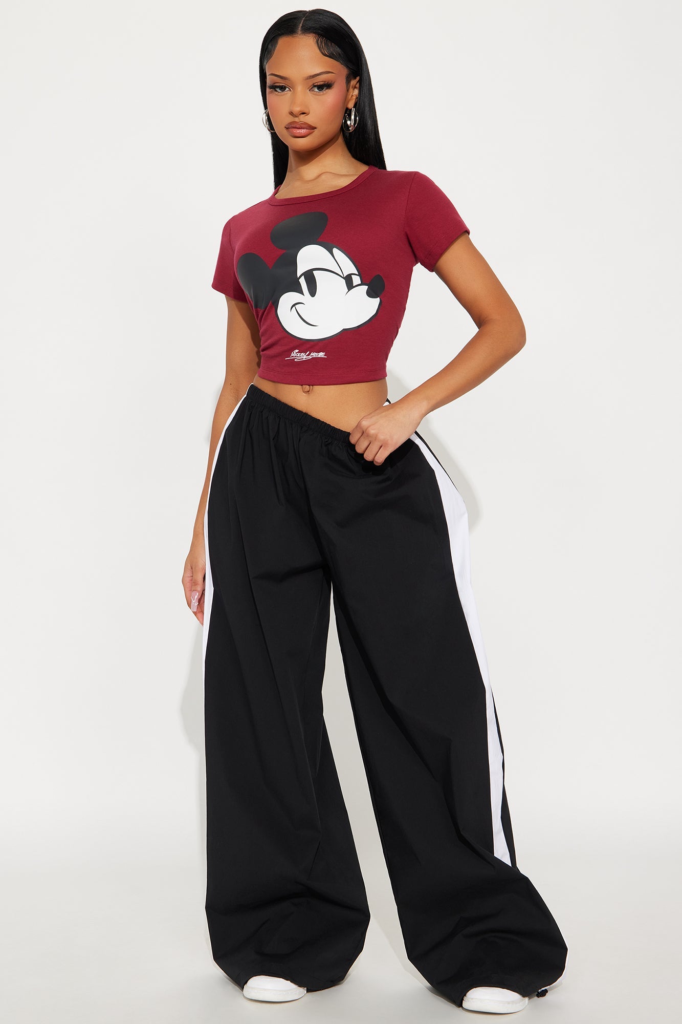Micky Mouse Vibes Crew Neck Baby Tee - Wine