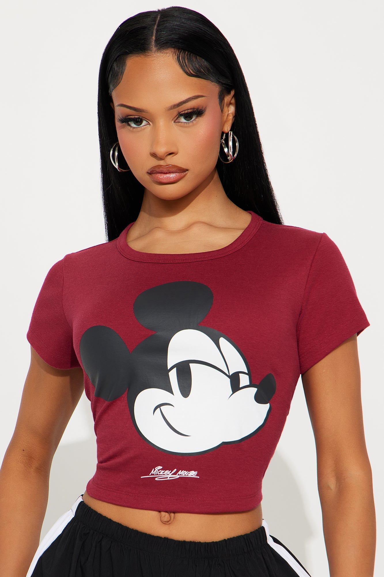 Micky Mouse Vibes Crew Neck Baby Tee - Wine