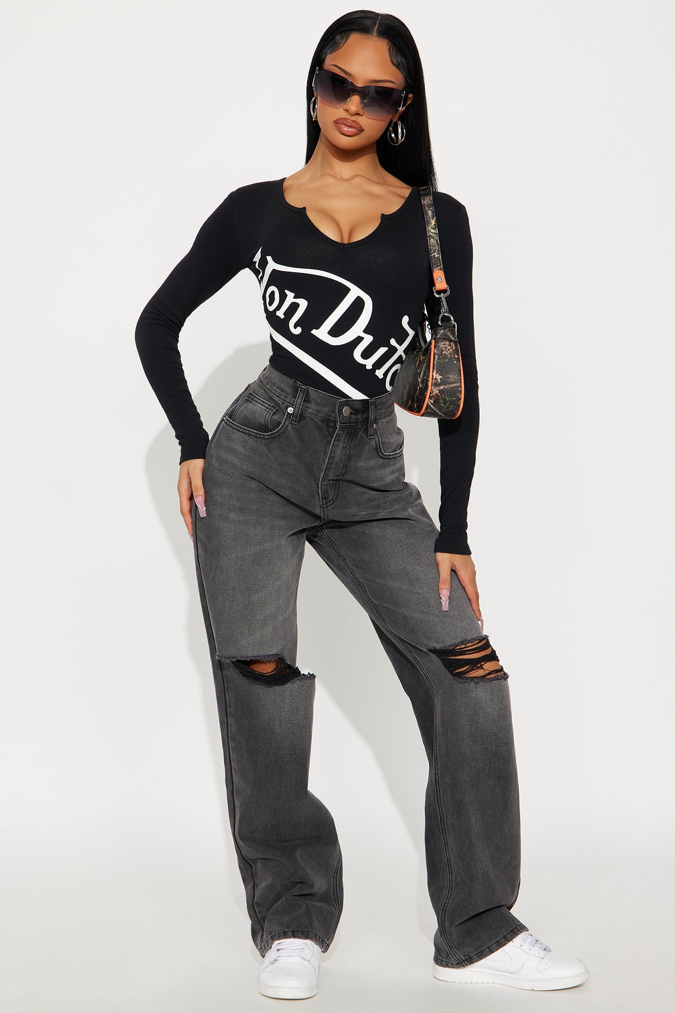 Von Dutch Logo Ribbed Bodysuit - Black