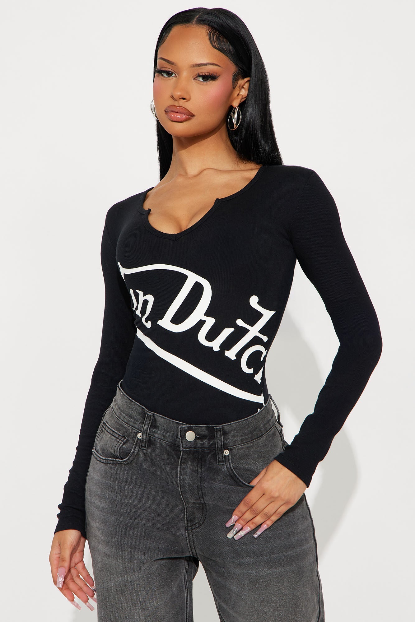 Von Dutch Logo Ribbed Bodysuit - Black