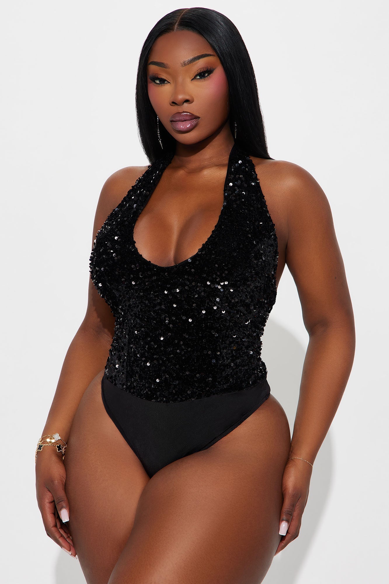 Gloria Sequin Halter Bodysuit - Black
