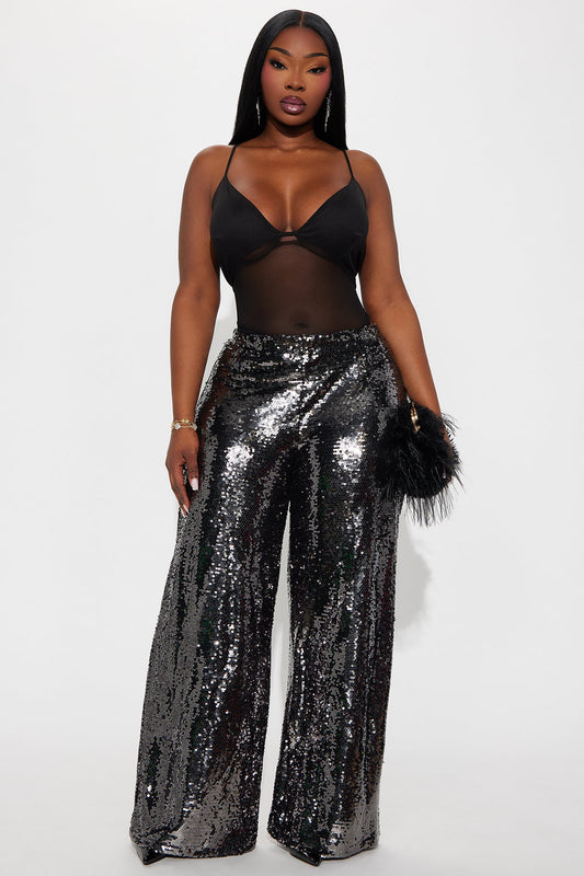 Radiant Mood Sequin Wide Leg Pant 33″ - Gunmetal