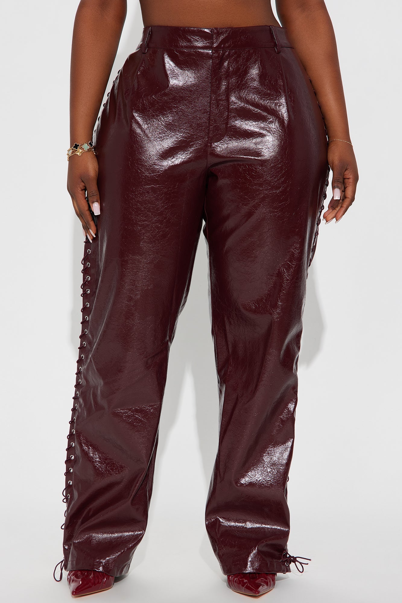 Claim To Fame Faux Leather Lace Up Pant 33″ - Burgundy