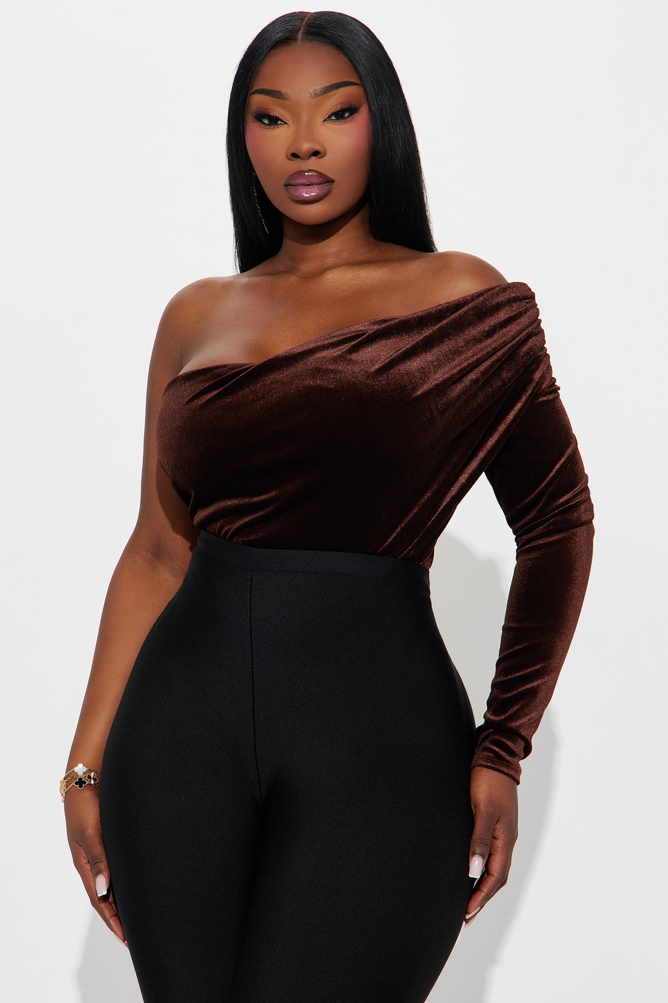 Vera One Shoulder Velvet Bodysuit - Brown