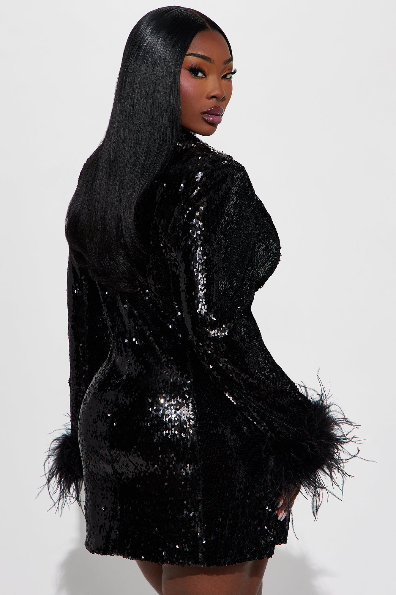 Kris Fur Trim Sequin Mini Dress - Black