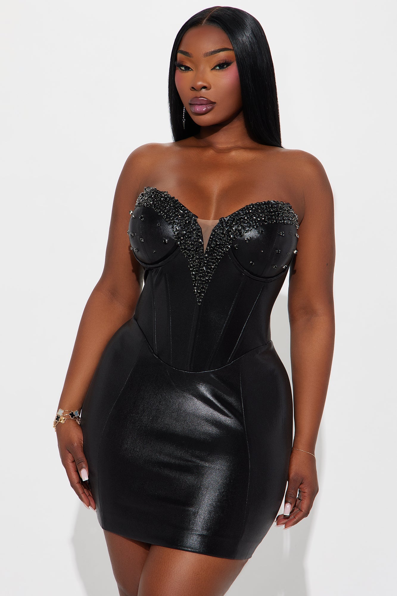 Sara Rhinestone Corset Mini Dress - Black